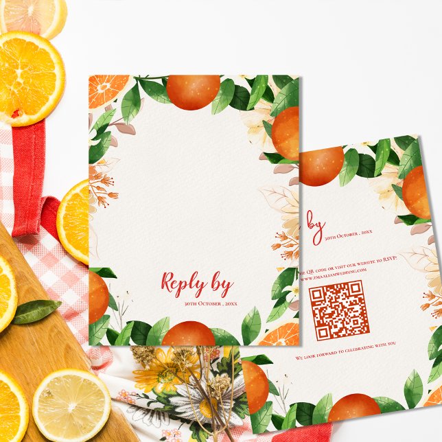 Cartons Réponse Elégant QR Code Citrus Orange Mariage de automne d (Elegant QR Code Citrus Orange Autumn Fall Wedding RSVP Card)