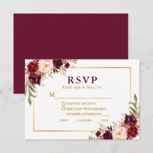 Cartons Réponse Élégant repas Mariage d'or floral de Bourgogne