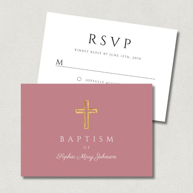Cartons Réponse Élégant rose Croix Religieuse Fille Baptême (Elegant Pink Religious Cross Girl Baptism RSVP Card)