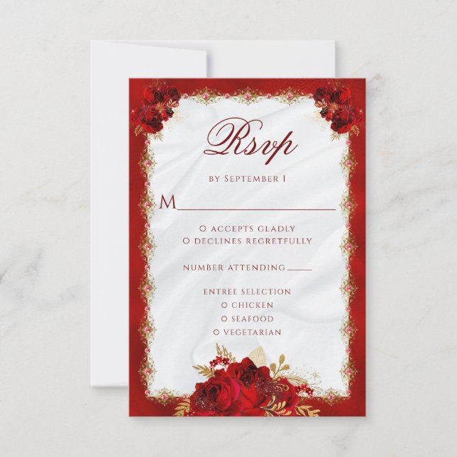 Cartons Réponse Élégant Rose Floral Rouge  Entree Mariage (Devant)