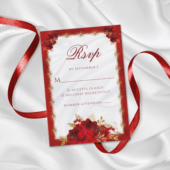 Cartons Réponse Élégant Rose Floral Rouge or Mariage (Créateur téléchargé)