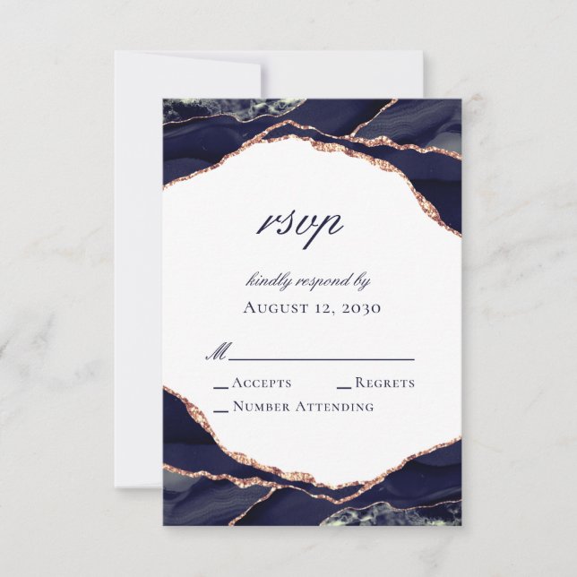 Cartons Réponse Elégant Rose Gold Foil Marine Blue Agate Mariage (Devant)