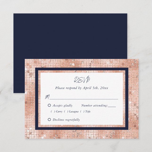Cartons Réponse Élégant Rose Gold Navy Mariage de script bleu mari (Devant / Derrière)