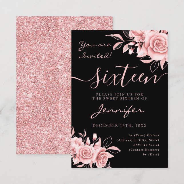Cartons Réponse Élégant Rose Gold Sweet 16 Parties scintillant Flo (Devant / Derrière)