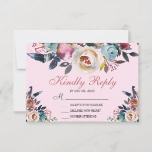 Cartons Réponse Elégant rose rose pâle rose bleu mariage floral RS