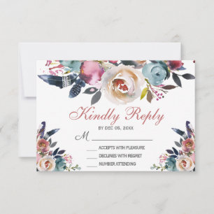 Cartons Réponse Elégant rose rose pâle rose bleu mariage floral RS