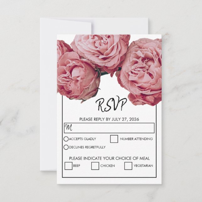 Cartons Réponse Élégant Roses Roses Rose Options de repas Mariage  (Devant)