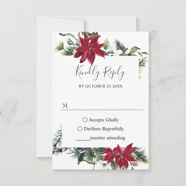 Cartons Réponse Elégant rouge Poinsettia Aquarelle Pine Mariage (Devant)