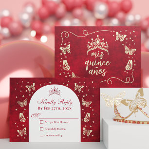 Cartons Réponse Elégant Rouge Quinceañera 15ème Gold Tiara Butterf