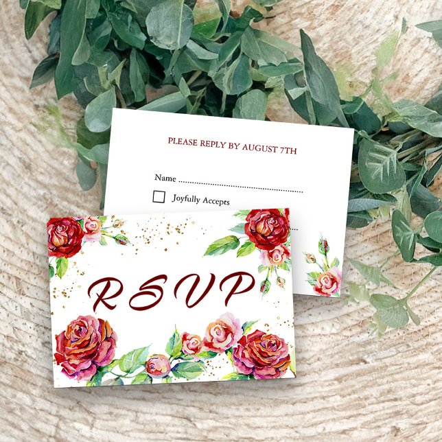 Cartons Réponse Elégant Rouge Rose Garlands Aquarelle Floral Blanc (RSVP cards from my Vintage Floral Red Roses Quinceanera Collection)