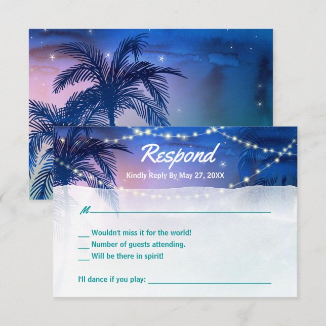 Cartons Réponse Elégant rustique aquarelle Palm Tree Beach Mariage (Devant / Derrière)
