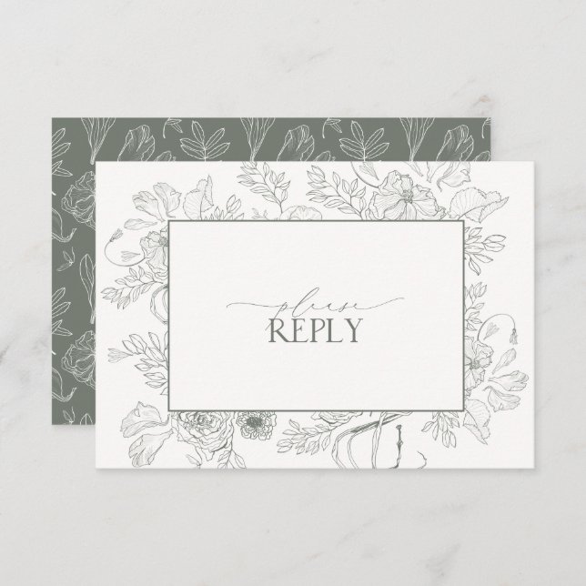 Cartons Réponse Élégant Sage Green Floral Line Art Mariage QR Code (Devant / Derrière)