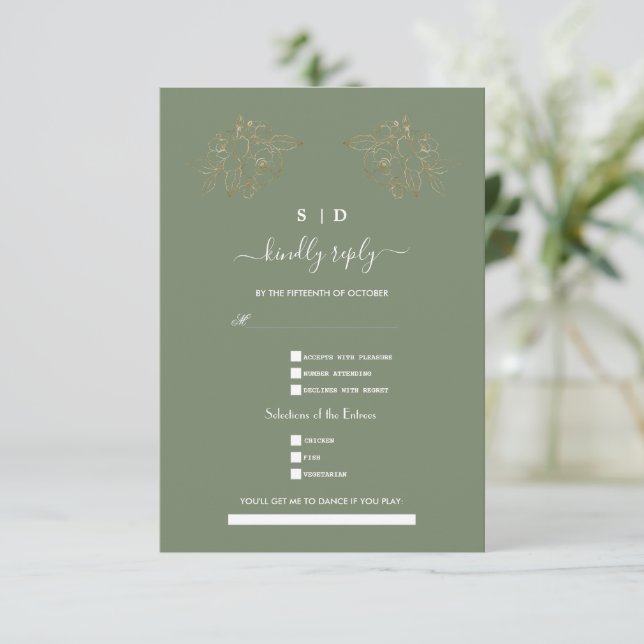 Cartons Réponse Elegant Sage Green Gold Song Request Wedding  (Debout devant)