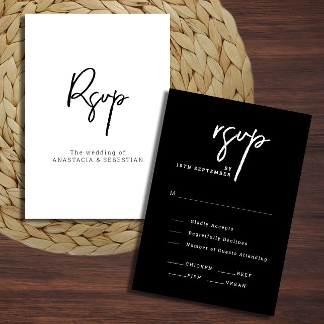 Cartons Réponse Élégant Script Mariage noir et blanc (Elegant Script Chic Black and White Wedding RSVP Card)