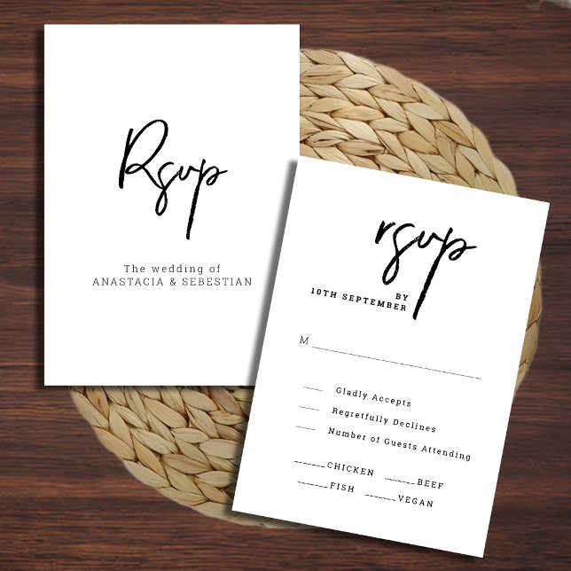 Cartons Réponse Élégant Script moderne Mariage noir et blanc chic (Modern Elegant Script Chic Black and White Wedding RSVP Card)