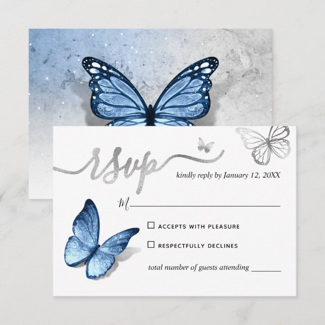 Cartons Réponse Elegant Silver Light Baby Blue Butterfly Wedding (Devant / Derrière)