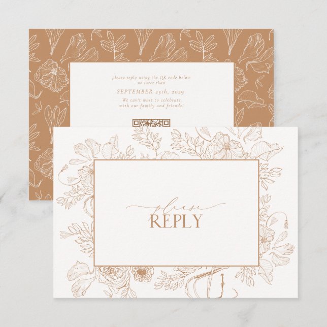 Cartons Réponse Élégant Terracotta Floral Line Art Mariage QR Code (Devant / Derrière)