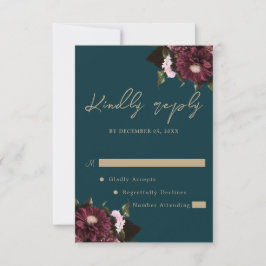 Cartons Réponse Élégant Turquoise foncé Bourgogne Floral Mariage