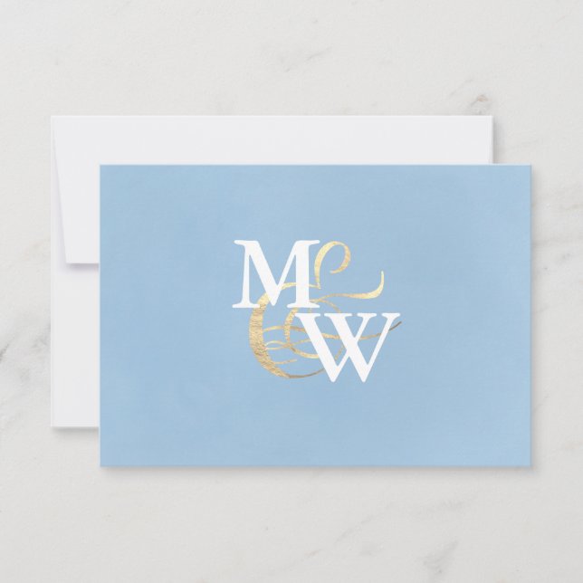 Cartons Réponse Elégant verre de mer Dusty Blue Monogram Mariage (Devant)
