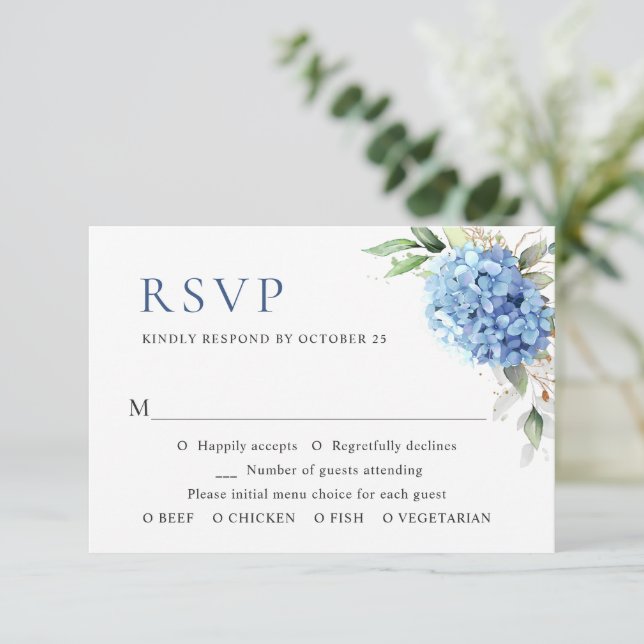 Cartons Réponse Elégante aquarelle bleu Hydrangea Mariage floral (Debout devant)