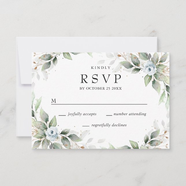 Cartons Réponse Elégante aquarelle Dusty Blue Foliage Mariage (Devant)
