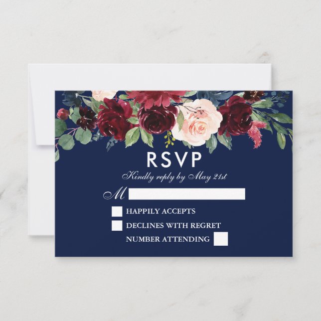 Cartons Réponse Elégante aquarelle Floral Bourgogne Mariage bleu (Devant)