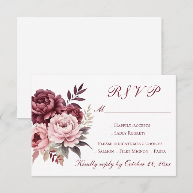 Cartons Réponse Elégante aquarelle florale Burgundy Peony Mariage (Devant / Derrière)