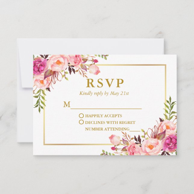 Cartons Réponse Elégante aquarelle rose Mariage (Devant)