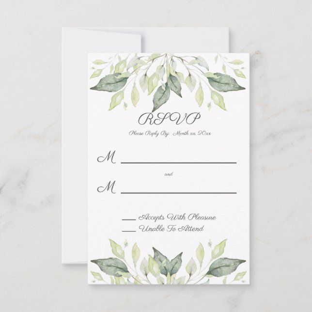 Cartons Réponse Elégante aquarelle verte Feuille Mariage (Devant)