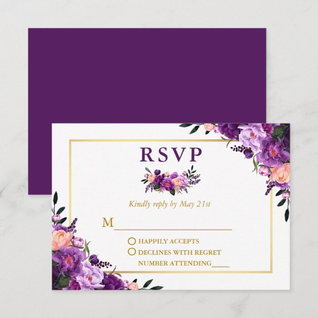 Cartons Réponse Elégante aquarelle violet Mariage Floral Or (Devant / Derrière)