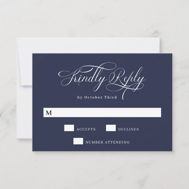 Cartons Réponse Élégante calligraphie | Mariage bleu de la marine (Devant)