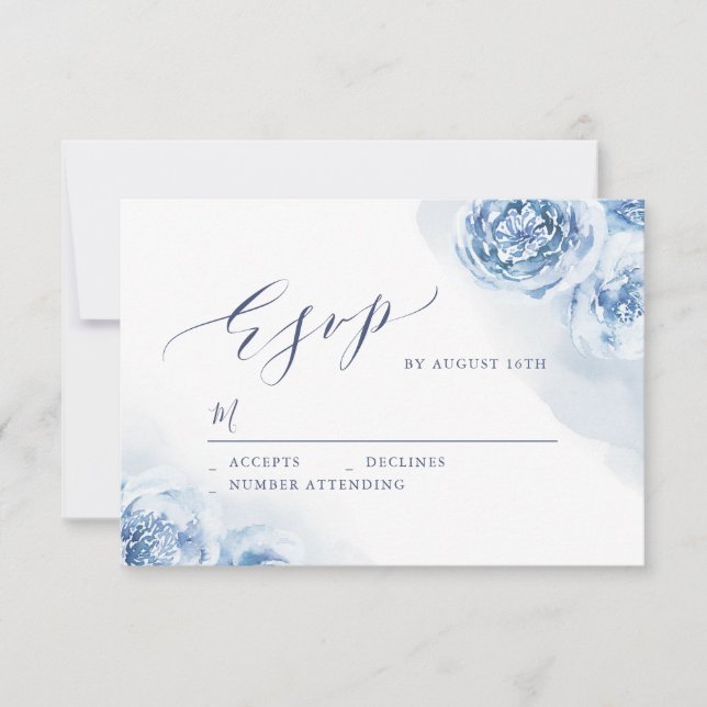 Cartons Réponse Élégante calligraphie mariage floral bleu poussiér (Devant)