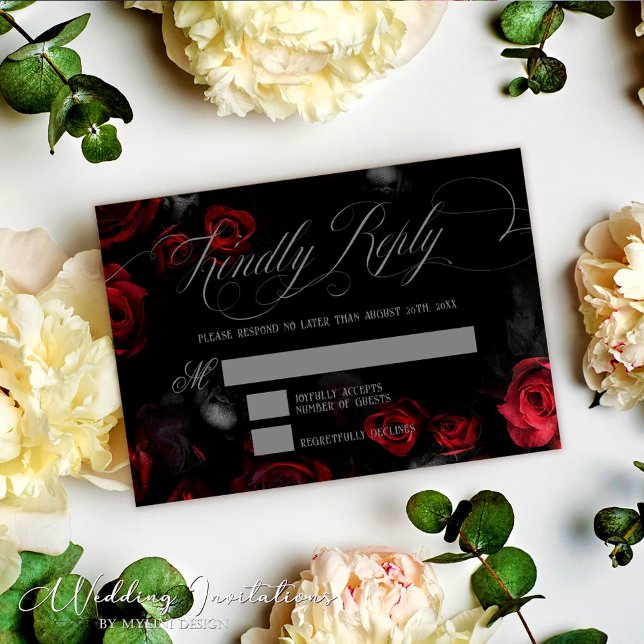 Cartons Réponse Élégante calligraphie Mariage floral noir et rouge (Créateur téléchargé)