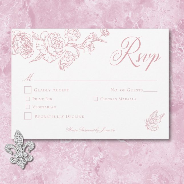 Cartons Réponse Élégante Chinoiserie rose Mariage d'oiseaux et de  (Elegant Pink Chinoiserie Bird & Crest Wedding RSVP Card)