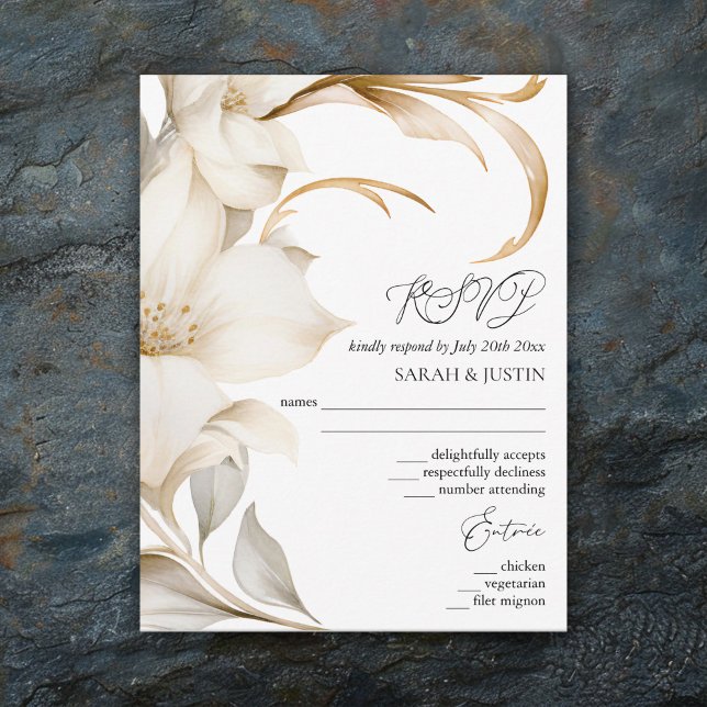 Cartons Réponse Elégante couleur beige et blanche Mariage floral (Créateur téléchargé)