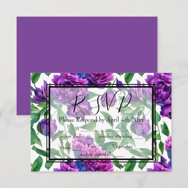 Cartons Réponse Elégante couleur magenta violet flores d'aquarelle (Devant / Derrière)