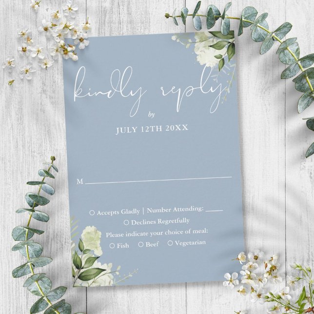 Cartons Réponse Elégante Dusty Blue Greenery Floral Mariage (Elegant Dusty Blue Greenery Floral Wedding RSVP Card)