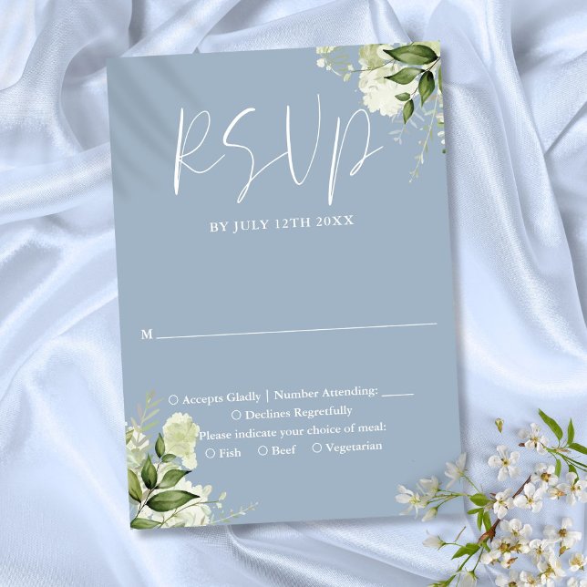 Cartons Réponse Elégante Dusty Blue Greenery Floral Mariage (Elegant Dusty Blue Greenery Floral Wedding RSVP Card)