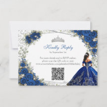 Élégante Quinceañera bleu royal et roses argentées