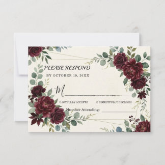 Cartons Réponse Élégante rose dorée florale bordeaux pour mariage