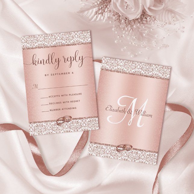 Cartons Réponse Elégante Rose Parties scintillant or Mariage damas (Créateur téléchargé)
