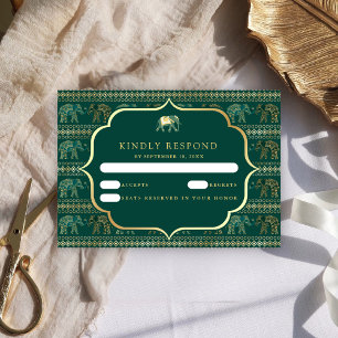 Cartons Réponse Éléphant indien vert émeraude et or pour mariage