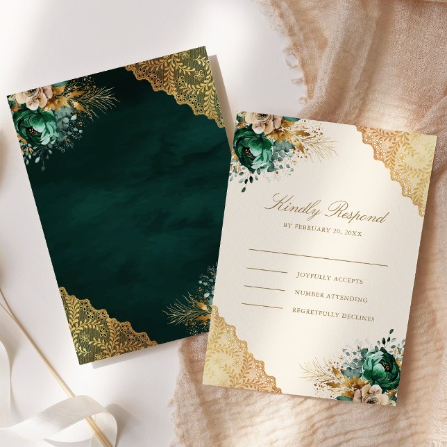 Cartons Réponse Emerald Floral Gold Lace Cream Mariage musulman (Créateur téléchargé)