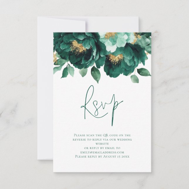 Cartons Réponse Emerald Gold Florals Script QR Code Mariage (Devant)