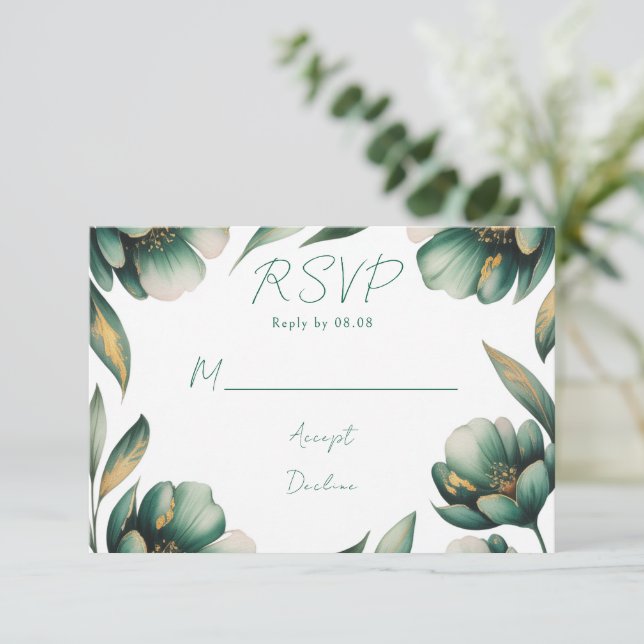 Cartons Réponse Emerald Green and Gold Rose Wedding (Debout devant)
