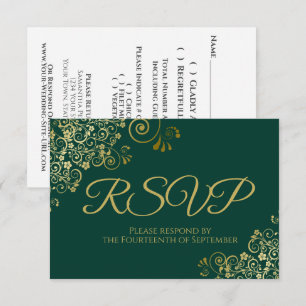 Cartons Réponse Emerald Green avec Elegant Gold Lace Mariage