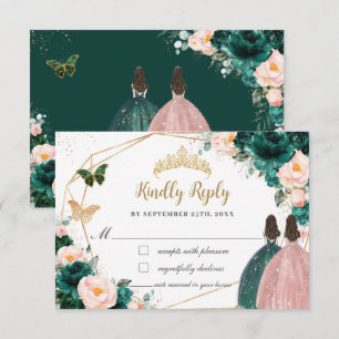 Cartons Réponse Emerald Green Blush Floral Twins Quinceañera Répon