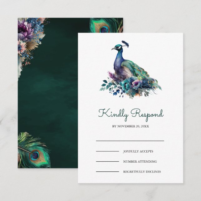 Cartons Réponse Emerald Green Floral Peacock Wedding (Devant / Derrière)