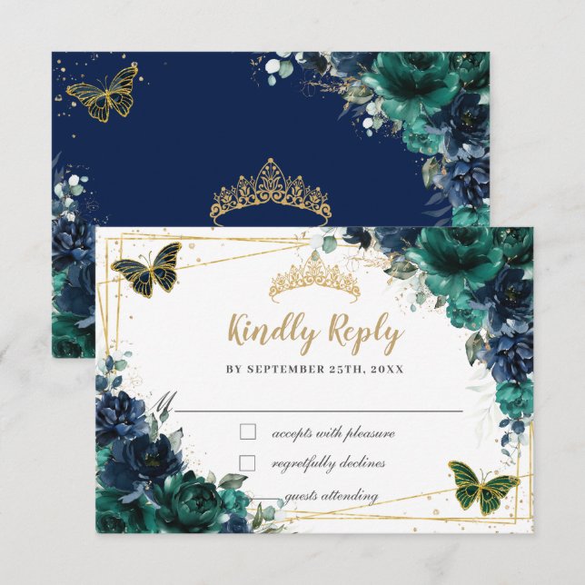 Cartons Réponse Emerald Green Navy Floral Butterflies Quinceañera (Devant / Derrière)