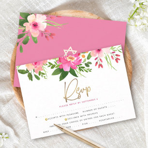 Cartons Réponse Entrée Bat Mitzvah Floral Aquarelle Rose Gold